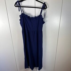 BCBG Paris Navy Blue Midi‎ Dress Ruffle Trim Tie Strap Women's Sz Large